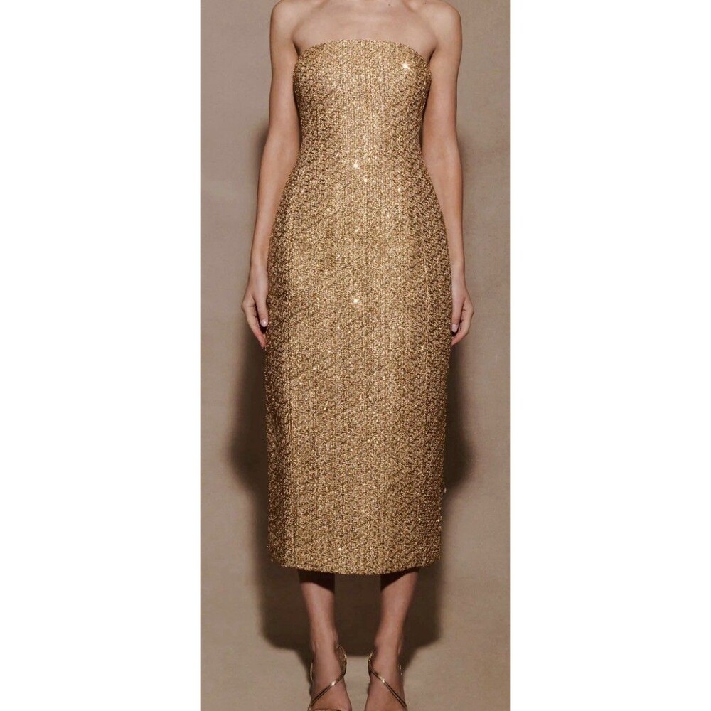 NWT MESHKI Golden Tweed Strapless Midi Dress Sz XL